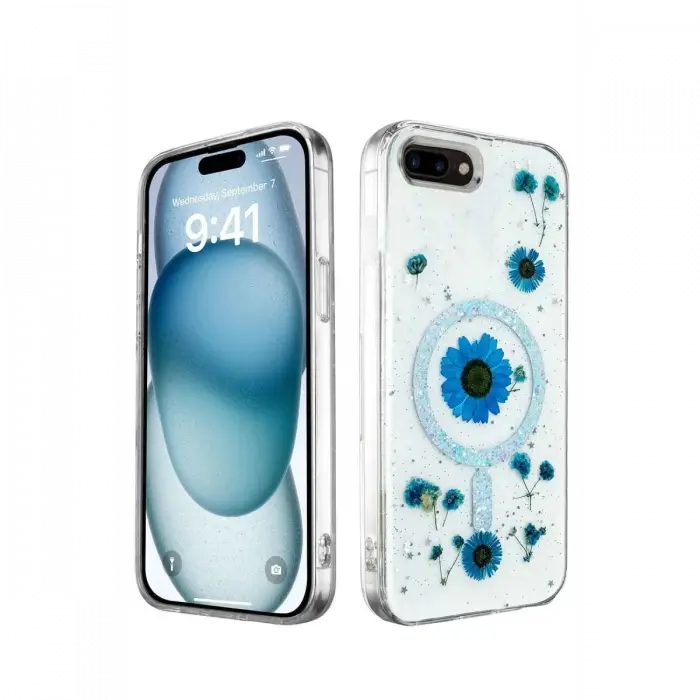 Newface Apple iPhone 7 Kılıf Daisy Simli Magsafe Kapak - Mavi
