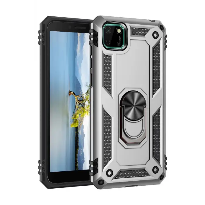 Newface Huawei Y5P Kılıf Sofya Yüzüklü Silikon Kapak - Gümüş