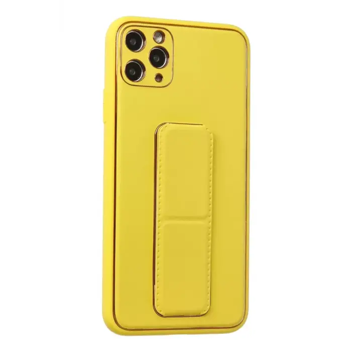 Newface Apple iPhone 11 Pro Max Kılıf Coco Deri Standlı Kapak - Sarı