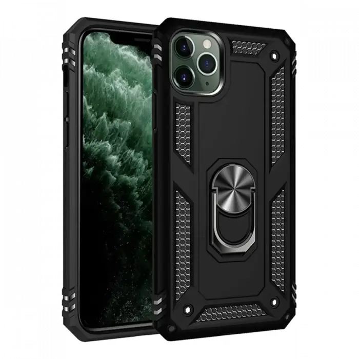 Newface Apple iPhone 11 Pro Max Kılıf Sofya Yüzüklü Silikon Kapak - Siyah