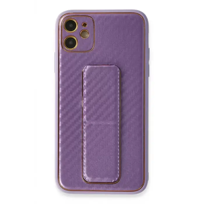 Newface Apple iPhone 12 Kılıf Coco Karbon Standlı Kapak - Mor