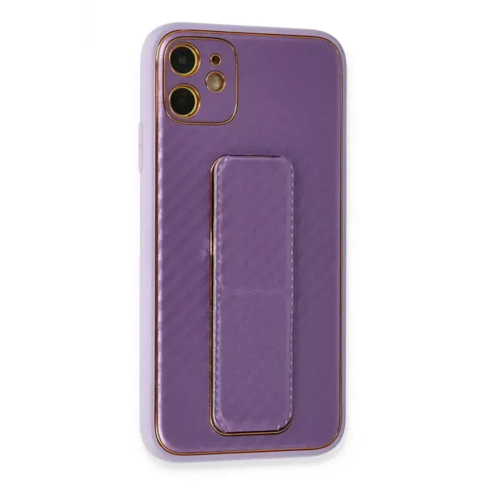 Newface Apple iPhone 12 Kılıf Coco Karbon Standlı Kapak - Mor