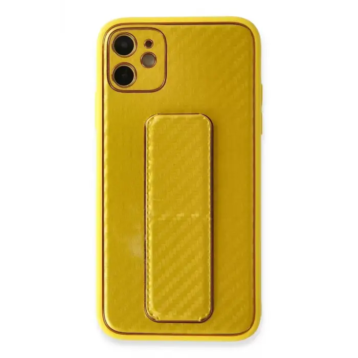 Newface Apple iPhone 12 Kılıf Coco Karbon Standlı Kapak - Sarı
