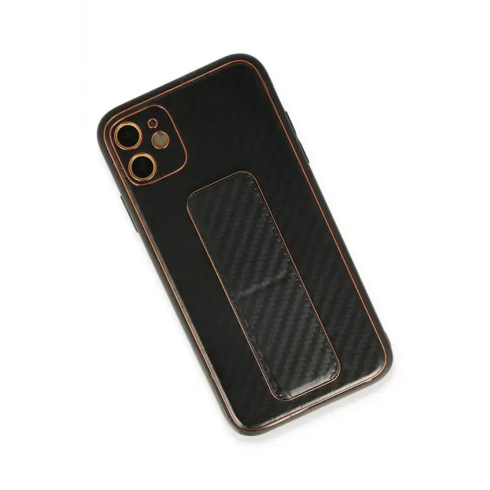 Newface iPhone 12 Kılıf Coco Karbon Standlı Kapak - Siyah