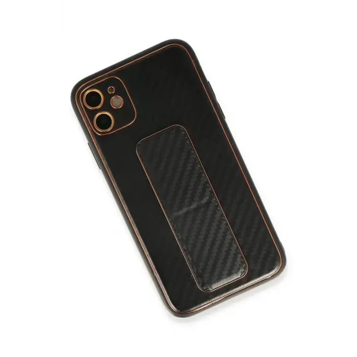 Newface Apple iPhone 12 Kılıf Coco Karbon Standlı Kapak - Siyah
