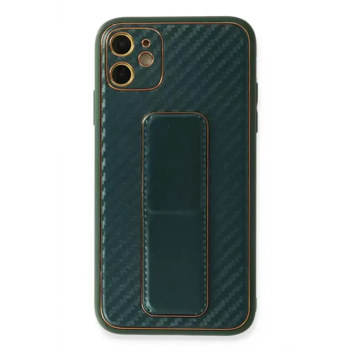 Newface Apple iPhone 12 Kılıf Coco Karbon Standlı Kapak - Yeşil