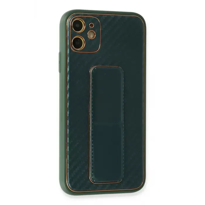 Newface Apple iPhone 12 Kılıf Coco Karbon Standlı Kapak - Yeşil