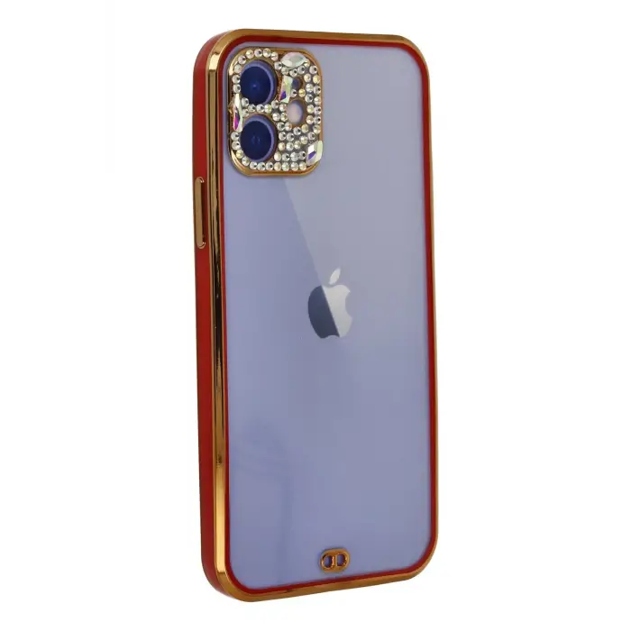 Newface iPhone 12 Kılıf Liva Taşlı Silikon - Kırmızı