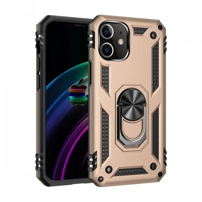 Newface iPhone 12 Kılıf Sofya Yüzüklü Silikon Kapak - Gold