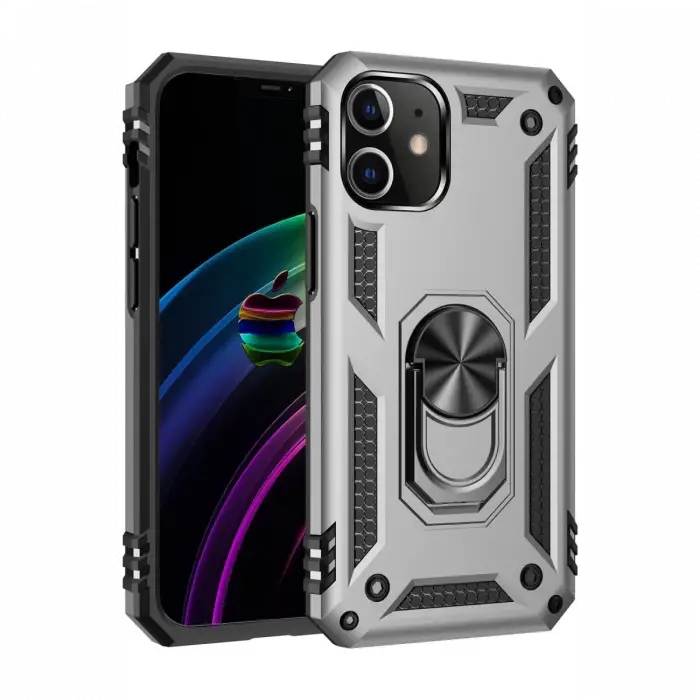 Newface Apple iPhone 12 Kılıf Sofya Yüzüklü Silikon Kapak - Gümüş