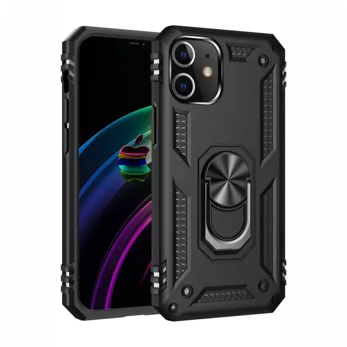 Newface Apple iPhone 12 Kılıf Sofya Yüzüklü Silikon Kapak - Siyah