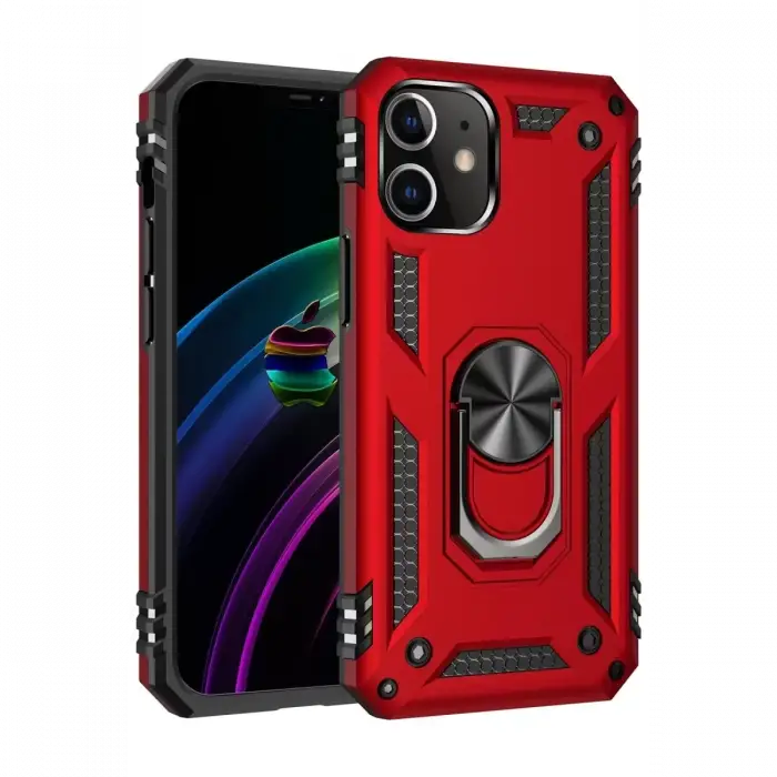 Newface Apple iPhone 12 Mini Kılıf Sofya Yüzüklü Silikon Kapak - Kırmızı