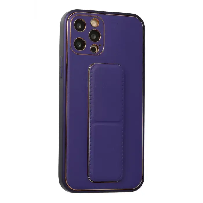 Newface Apple iPhone 12 Pro Kılıf Coco Deri Standlı Kapak - Mor