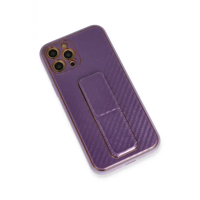 Newface iPhone 12 Pro Kılıf Coco Karbon Standlı Kapak - Mor