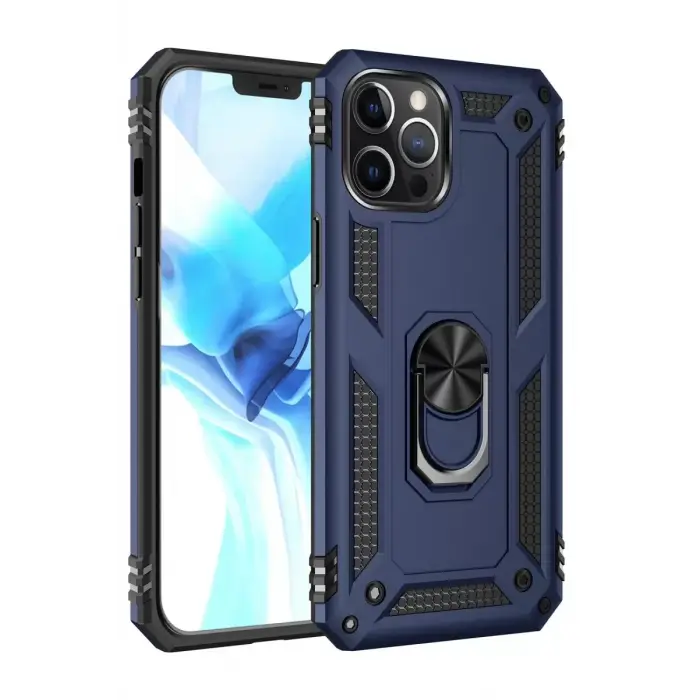 Newface Apple iPhone 12 Pro Max Kılıf Sofya Yüzüklü Silikon Kapak - Lacivert