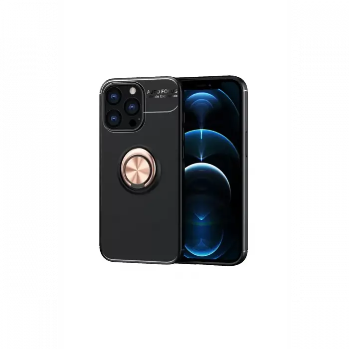 Newface Apple iPhone 13 Pro Kılıf Range Yüzüklü Silikon - Siyah-Gold