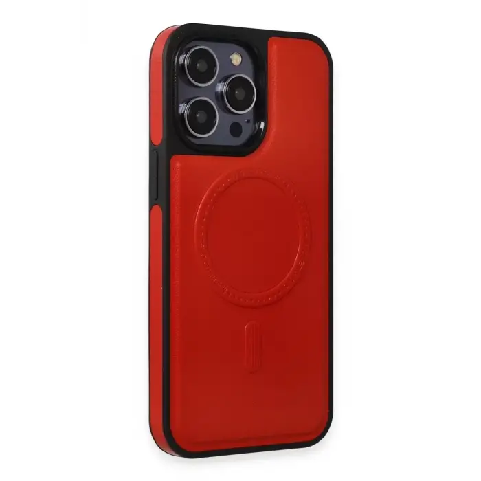 Newface Apple iPhone 13 Pro Max Kılıf Ozzi Magsafe Deri Kapak - Kırmızı