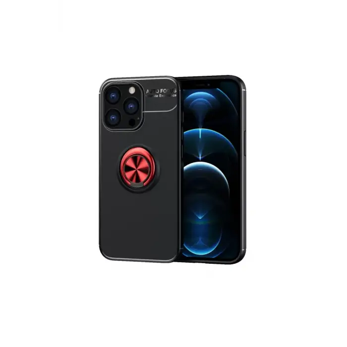 Newface Apple iPhone 13 Pro Max Kılıf Range Yüzüklü Silikon - Siyah-Kırmızı