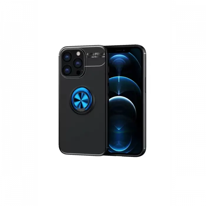 Newface Apple iPhone 13 Pro Max Kılıf Range Yüzüklü Silikon - Siyah-Mavi