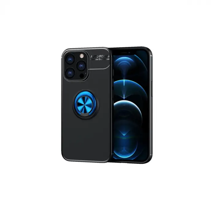 Newface iPhone 13 Pro Max Kılıf Range Yüzüklü Silikon - Siyah-Mavi