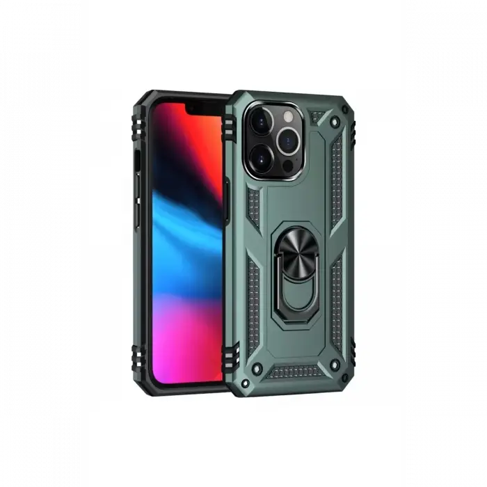 Newface Apple iPhone 13 Pro Max Kılıf Sofya Yüzüklü Silikon Kapak - Yeşil