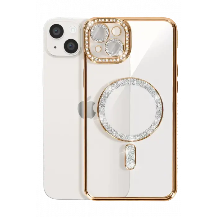 Newface Apple iPhone 15 Kılıf Joke Simli Magneticsafe Kılıf - Gold