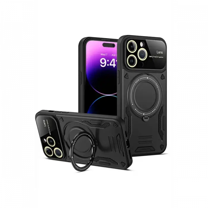 Newface iPhone 15 Pro Kılıf Joy Lens Standlı Kapak - Siyah