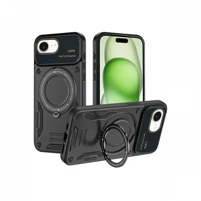 Newface Apple iPhone 16E Kılıf Joy Lens Standlı Kapak - Siyah