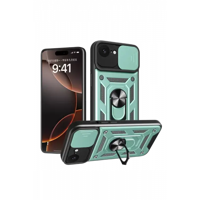 Newface Apple iPhone 16E Kılıf Pars Lens Yüzüklü Silikon - Yeşil