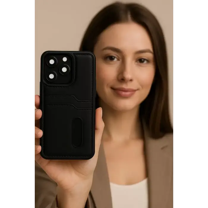 Newface Apple iPhone 16E Kılıf Sara Kartvizitli Deri Kılıf - Siyah