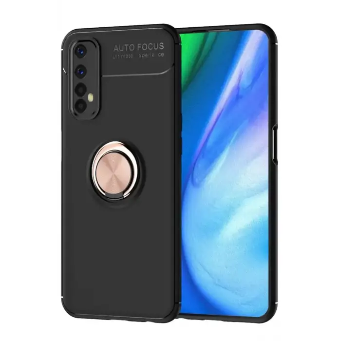 Newface Realme 7 Kılıf Range Yüzüklü Silikon - Siyah-Gold