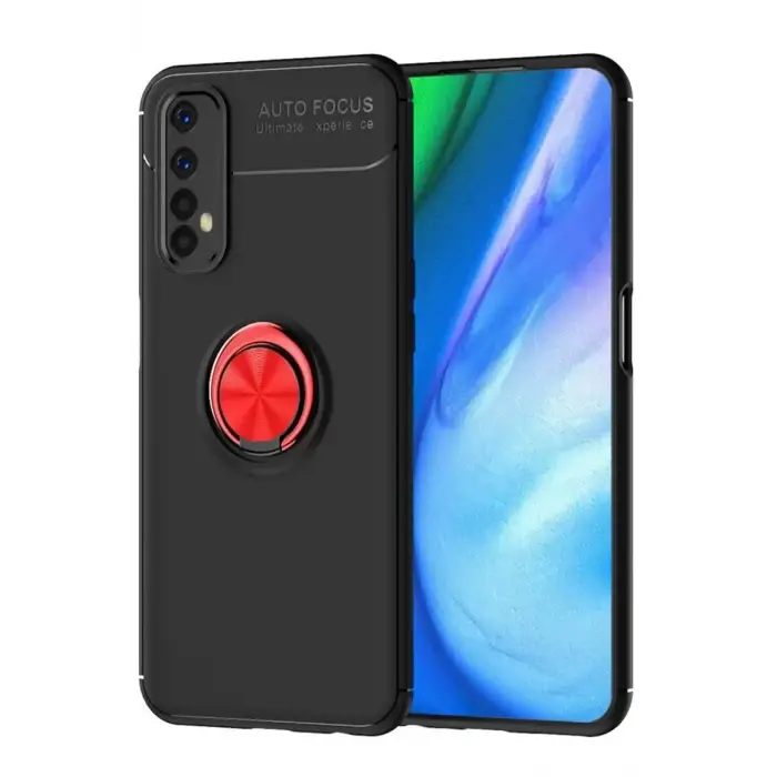 Newface Realme 7 Kılıf Range Yüzüklü Silikon - Siyah-Kırmızı