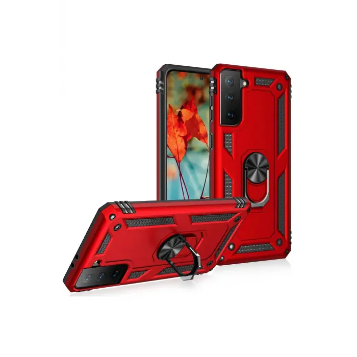 Newface Samsung Galaxy S21 Kılıf Sofya Yüzüklü Silikon Kapak - Kırmızı