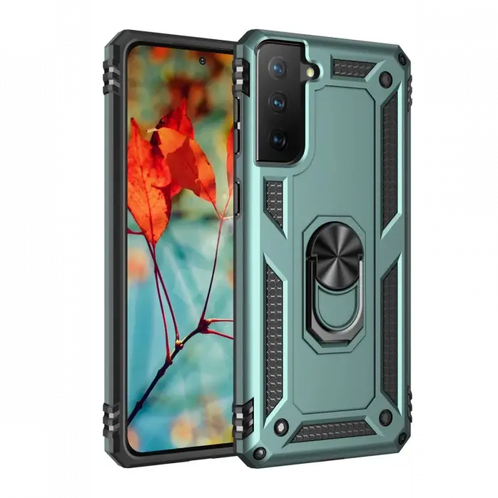 Newface Samsung Galaxy S21 Kılıf Sofya Yüzüklü Silikon Kapak - Yeşil