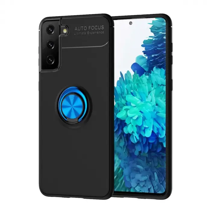 Newface Samsung Galaxy S21 Plus Kılıf Range Yüzüklü Silikon - Siyah-Mavi