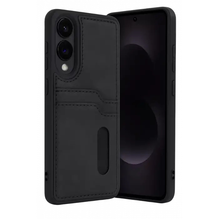 Newface Samsung Galaxy S25 Edge Sara Kartvizitli Deri Kılıf - Siyah