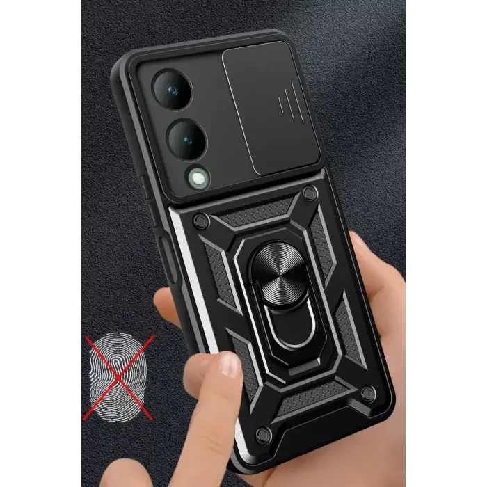 Newface Vivo Y17S Kılıf Pars Lens Yüzüklü Silikon - Siyah