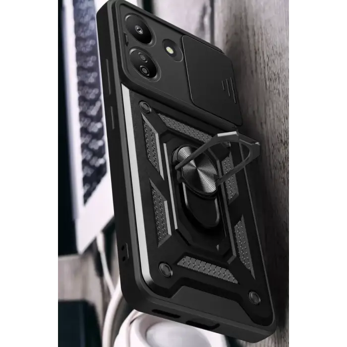 Newface Xiaomi Redmi 13C Kılıf Pars Lens Yüzüklü Silikon - Yeşil