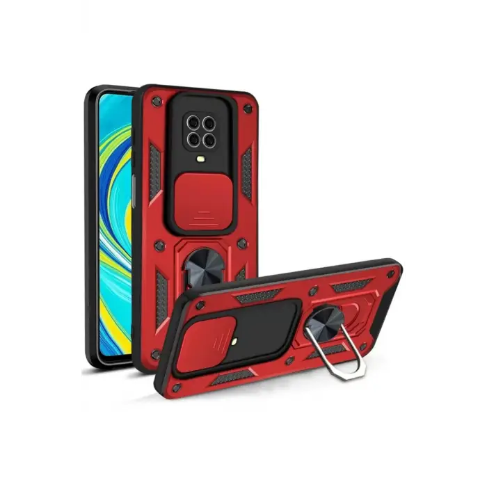 Newface Xiaomi Redmi Note 9 Pro Kılıf Pars Lens Yüzüklü Silikon - Kırmızı