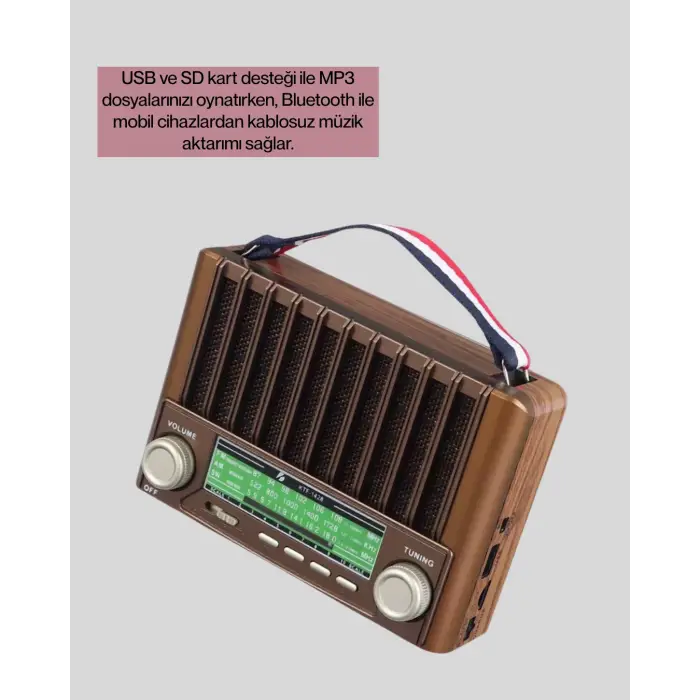 Nostaljik Tasarımlı Solar Şarjlı Radyo AM FM SW ve Bluetooth