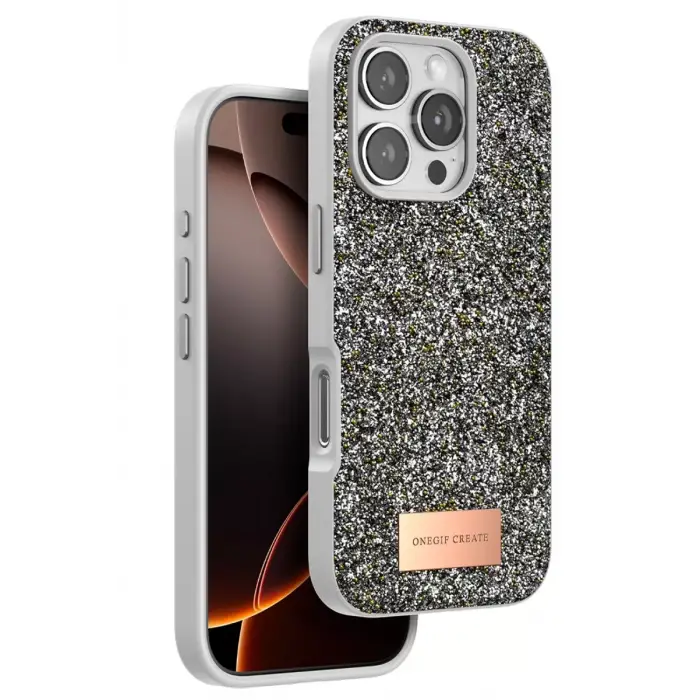 Onegif Apple iPhone 16 Pro Max Bright Simli Kapak - Gümüş