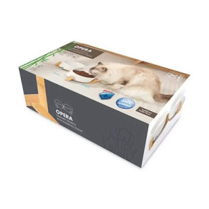 Opera Bamboo Standlı Seramik Kedi Mama Kabı Beyaz 2x850 Ml