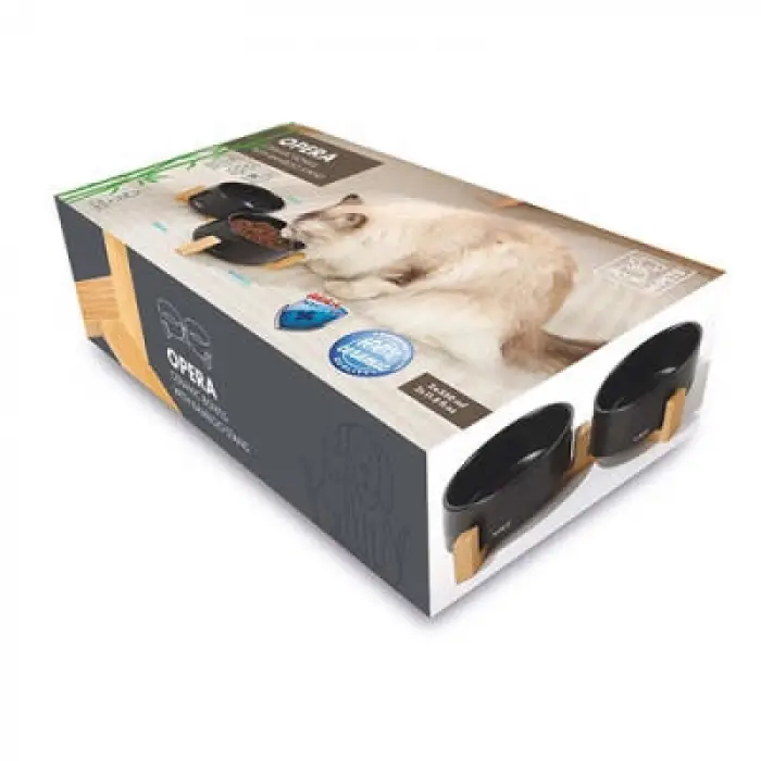 Opera Bamboo Standlı Seramik Mama Kabı Siyah 2x350 Ml