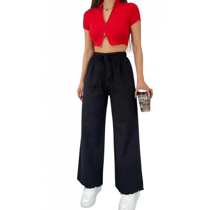 Palazzo Pantolon Paçası Püsküllü -Siyah