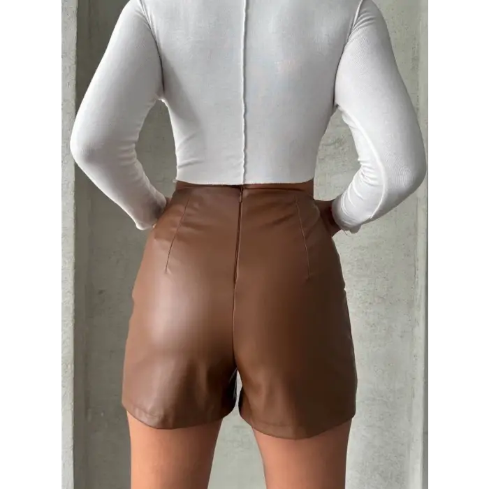 Parçalı cepli deri şort taba w26312