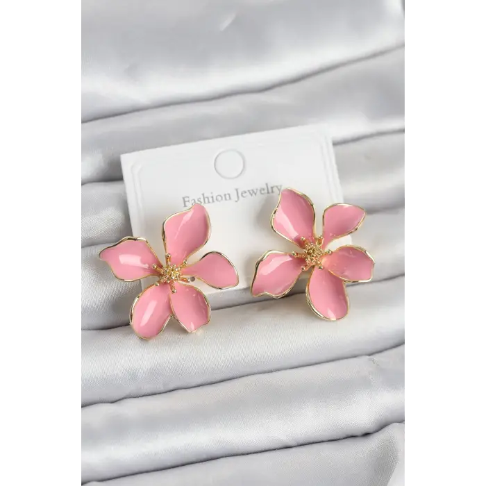 Pembe Mineli Çiçek Model Pirinç Kadın Küpe