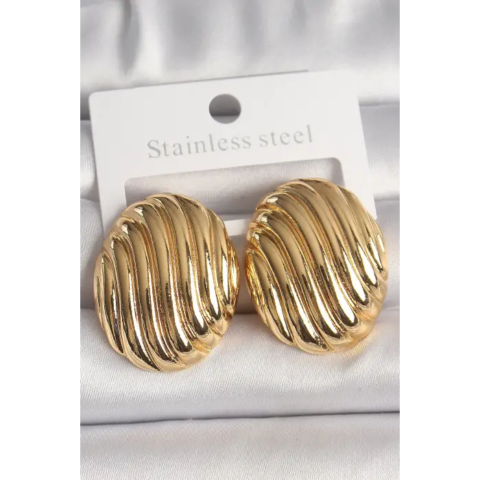 Pirinç Gold Renk İşlemeli Oval Model Kadın Küpe