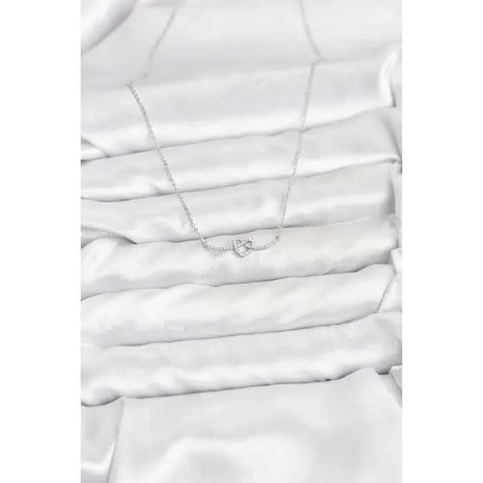Pirinç Gümüş Renk Düğüm Kalp Model Kadın Kolye