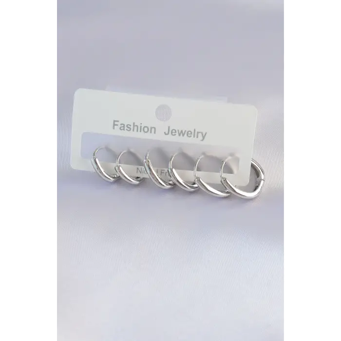 Pirinç Gümüş Renk Oval Küpe Seti