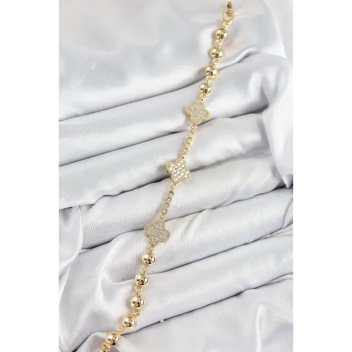 Pirinç Zirkon Taşlı Yonca Model Gold Renk Kadın Bileklik
